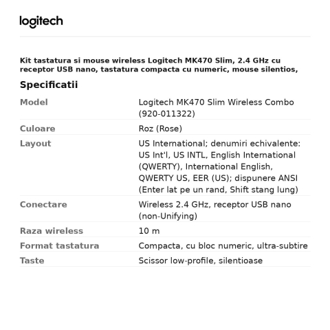 Kit tastatura si mouse wireless Logitech MK470 Slim, 2.4 GHz cu receptor USB nano, tastatura compacta cu numeric, mouse silentios, layout US International, roz, 920-011322 [2]