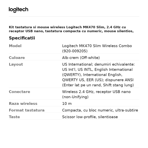 Kit tastatura si mouse wireless Logitech MK470 Slim, 2.4 GHz cu receptor USB nano, tastatura compacta cu numeric, mouse silentios, layout US International, alb-crem, 920-009205 [2]