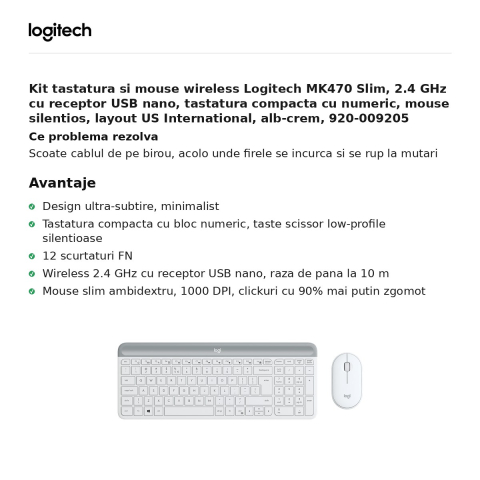 Kit tastatura si mouse wireless Logitech MK470 Slim, 2.4 GHz cu receptor USB nano, tastatura compacta cu numeric, mouse silentios, layout US International, alb-crem, 920-009205 [1]