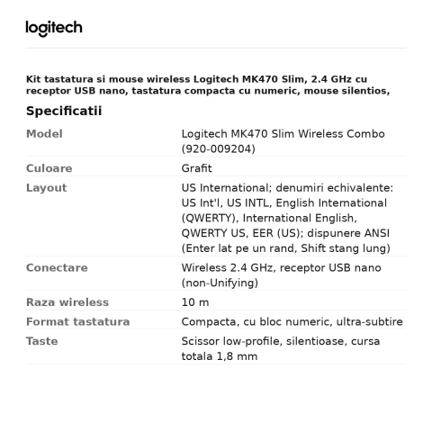 Kit tastatura si mouse wireless Logitech MK470 Slim, 2.4 GHz cu receptor USB nano, tastatura compacta cu numeric, mouse silentios, layout US International, grafit, 920-009204 [2]