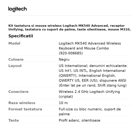Kit tastatura si mouse wireless Logitech MK540 Advanced, receptor Unifying, tastatura cu suport de palme, taste silentioase, mouse M310, layout US International, negru, 920-008685 [2]