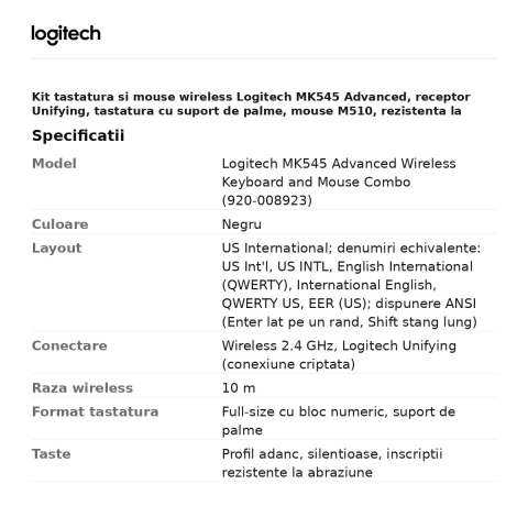 Kit tastatura si mouse wireless Logitech MK545 Advanced, receptor Unifying, tastatura cu suport de palme, mouse M510, rezistenta la stropire, layout US International, negru, 920-008923 [2]