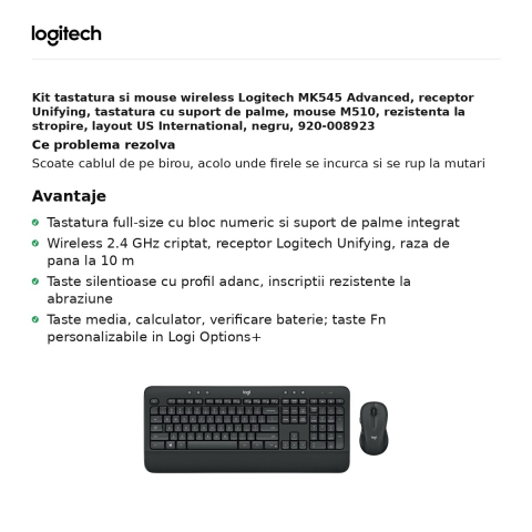 Kit tastatura si mouse wireless Logitech MK545 Advanced, receptor Unifying, tastatura cu suport de palme, mouse M510, rezistenta la stropire, layout US International, negru, 920-008923 [1]