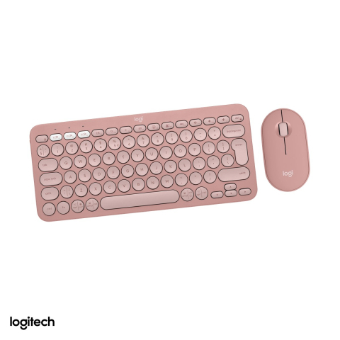 Set accesorii IT - Kit tastatura si mouse wireless Logitech Pebble 2 Combo, Logi Bolt si Bluetooth, tastatura slim K380s, mouse M350s silentios, Easy-Switch, layout US International, roz, 920-012241