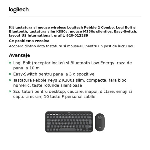 Kit tastatura si mouse wireless Logitech Pebble 2 Combo, Logi Bolt si Bluetooth, tastatura slim K380s, mouse M350s silentios, Easy-Switch, layout US International, grafit, 920-012239 [1]