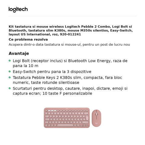 Kit tastatura si mouse wireless Logitech Pebble 2 Combo, Logi Bolt si Bluetooth, tastatura slim K380s, mouse M350s silentios, Easy-Switch, layout US International, roz, 920-012241 [1]