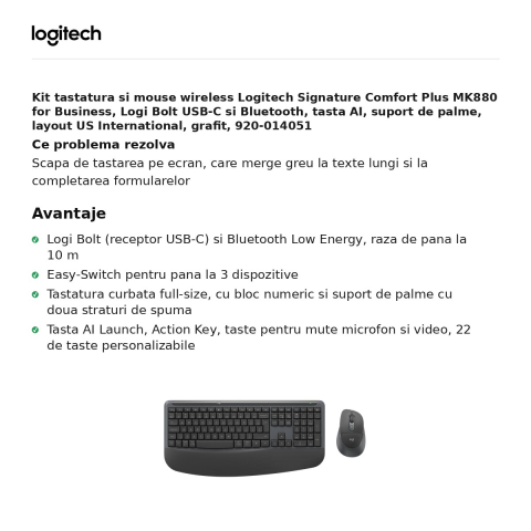 Kit tastatura si mouse wireless Logitech Signature Comfort Plus MK880 for Business, Logi Bolt USB-C si Bluetooth, tasta AI, suport de palme, layout US International, grafit, 920-014051 [1]