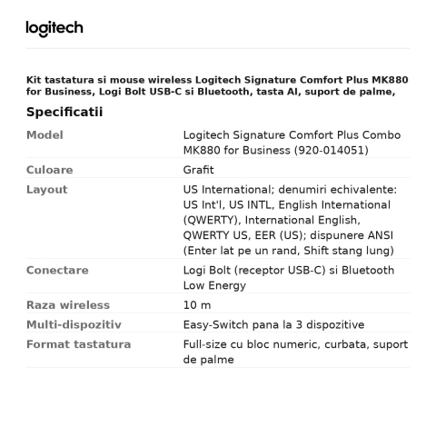 Kit tastatura si mouse wireless Logitech Signature Comfort Plus MK880 for Business, Logi Bolt USB-C si Bluetooth, tasta AI, suport de palme, layout US International, grafit, 920-014051 [2]