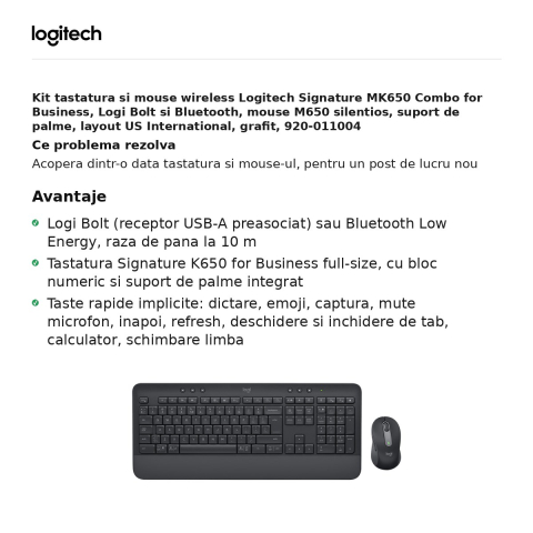 Kit tastatura si mouse wireless Logitech Signature MK650 Combo for Business, Logi Bolt si Bluetooth, mouse M650 silentios, suport de palme, layout US International, grafit, 920-011004 [1]