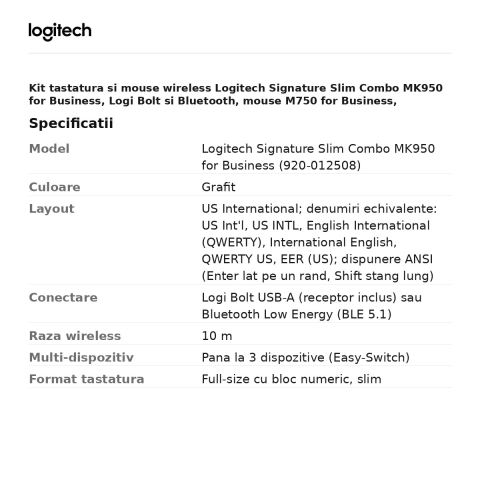Kit tastatura si mouse wireless Logitech Signature Slim Combo MK950 for Business, Logi Bolt si Bluetooth, mouse M750 for Business, Easy-Switch, layout US International, grafit, 920-012508 [2]