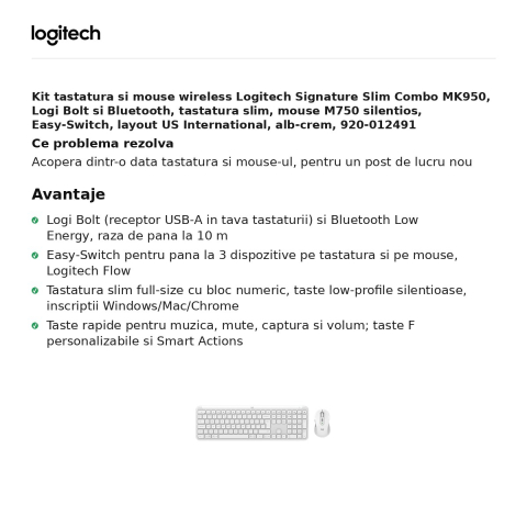 Kit tastatura si mouse wireless Logitech Signature Slim Combo MK950, Logi Bolt si Bluetooth, tastatura slim, mouse M750 silentios, Easy-Switch, layout US International, alb-crem, 920-012491 [1]