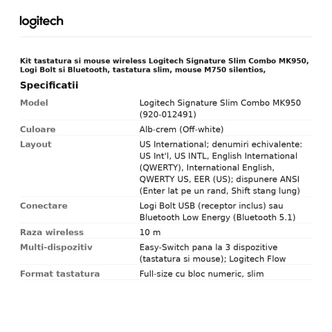 Kit tastatura si mouse wireless Logitech Signature Slim Combo MK950, Logi Bolt si Bluetooth, tastatura slim, mouse M750 silentios, Easy-Switch, layout US International, alb-crem, 920-012491 [2]