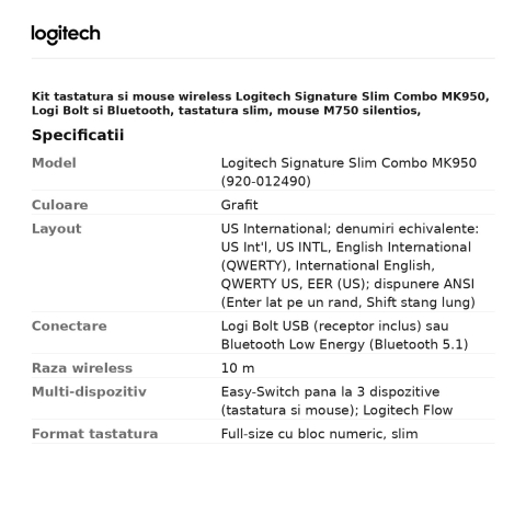 Kit tastatura si mouse wireless Logitech Signature Slim Combo MK950, Logi Bolt si Bluetooth, tastatura slim, mouse M750 silentios, Easy-Switch, layout US International, grafit, 920-012490 [2]