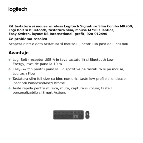 Kit tastatura si mouse wireless Logitech Signature Slim Combo MK950, Logi Bolt si Bluetooth, tastatura slim, mouse M750 silentios, Easy-Switch, layout US International, grafit, 920-012490 [1]