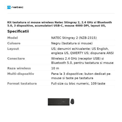 Kit tastatura si mouse wireless Natec Stingray 2, 2.4 GHz si Bluetooth 5.0, 3 dispozitive, acumulatori USB-C, mouse 4000 DPI, layout US, negru, NZB-2315 [2]