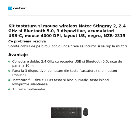 Kit tastatura si mouse wireless Natec Stingray 2, 2.4 GHz si Bluetooth 5.0, 3 dispozitive, acumulatori USB-C, mouse 4000 DPI, layout US, negru, NZB-2315 [1]