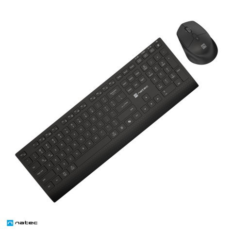 Set accesorii IT - Kit tastatura si mouse wireless Natec Stingray 2, 2.4 GHz si Bluetooth 5.0, 3 dispozitive, acumulatori USB-C, mouse 4000 DPI, layout US, negru, NZB-2315