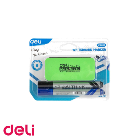 Seturi si kituri whiteboard - Kit whiteboard Deli - burete magnetic si 2 markere (negru si albastru), varf 2 mm, pentru table albe
