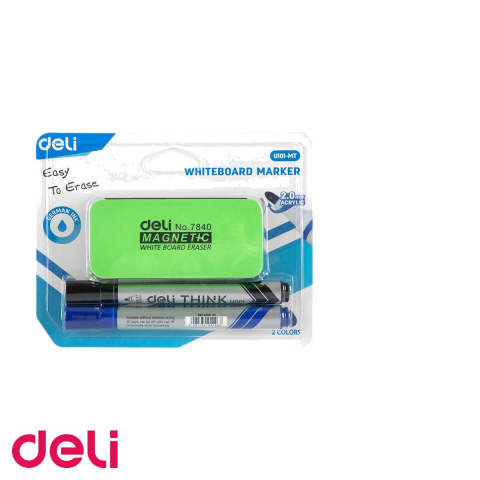 Kit whiteboard Deli - burete magnetic si 2 markere (negru si albastru), varf 2 mm, pentru table albe [2]
