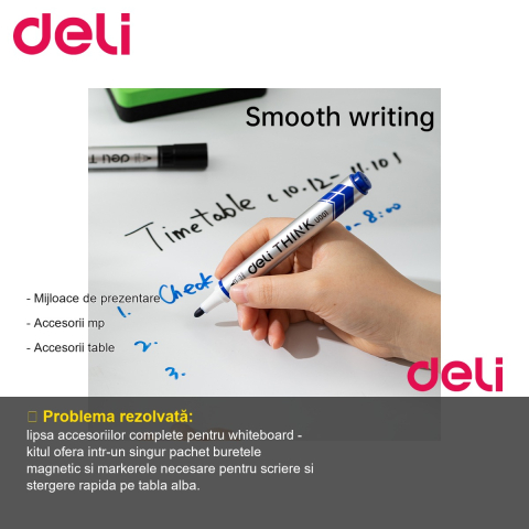 Kit whiteboard Deli - burete magnetic si 2 markere (negru si albastru), varf 2 mm, pentru table albe [1]