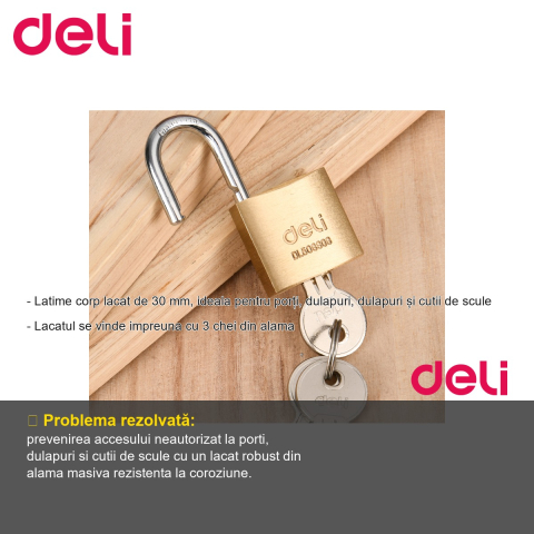 Lacat alama monobloc Deli 30mm, rezistent la coroziune, cu 3 chei, pentru porti si dulapuri [1]