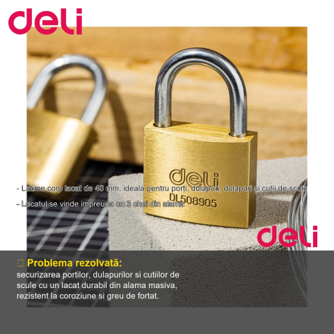 Lacat alama monobloc Deli 40mm, rezistent la coroziune, cu 3 chei incluse, pentru porti si dulapuri [1]