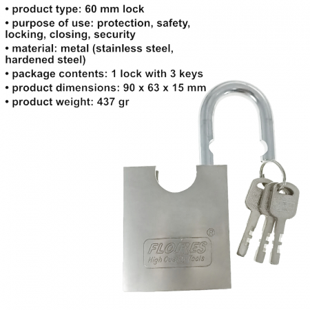 Lacat metalic inox Flores 11435, 60mm, cu protectie Anti Spargere, 3 chei, 437g, argintiu [4]