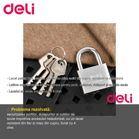 Lacat patrat Deli, corp fier 40 mm, miez cupru, rezistent la coroziune, pentru porti si dulapuri [1]