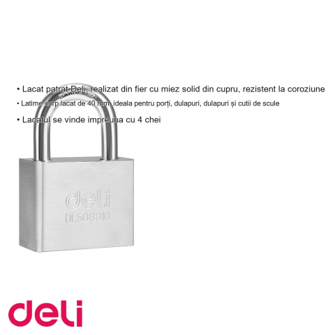 Lacat patrat Deli, corp fier 40 mm, miez cupru, rezistent la coroziune, pentru porti si dulapuri [2]