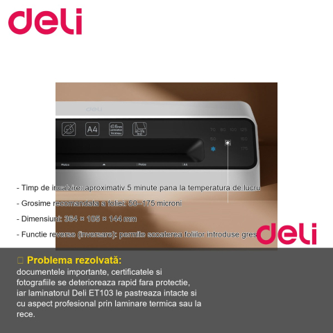 Laminator A4 Deli ET103, dual hot/cold, 175 microni, pentru birou si uz personal [1]