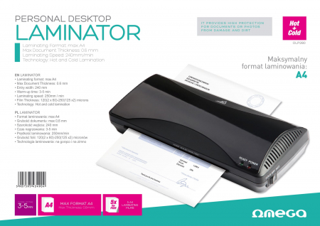 Laminator A4, Omega 43490, laminare calda si rece, 250mm/min, 120 - 250 microni [1]