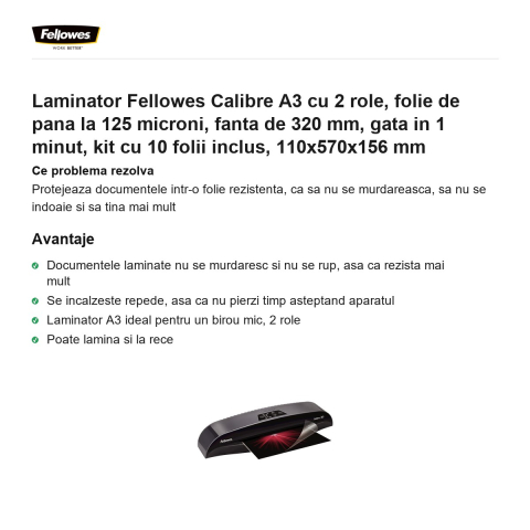 Laminator Fellowes Calibre A3 cu 2 role, folie de pana la 125 microni, fanta de 320 mm, gata in 1 minut, kit cu 10 folii inclus, 110x570x156 mm [1]
