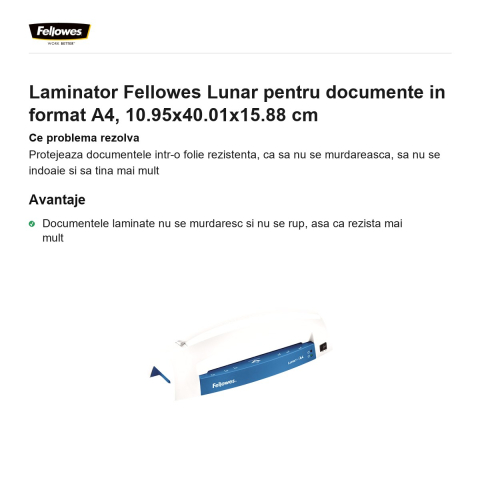 Laminator Fellowes Lunar pentru documente in format A4, 10.95x40.01x15.88 cm [1]