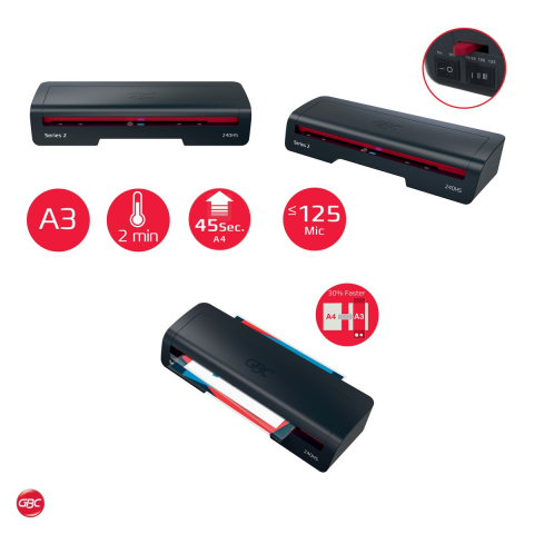 Laminator GBC Home Office 240HS A3, folii de 75-125 microni, gata in 2 minute, un document A4 in 45 de secunde, 5 folii A4 incluse, rosu [4]