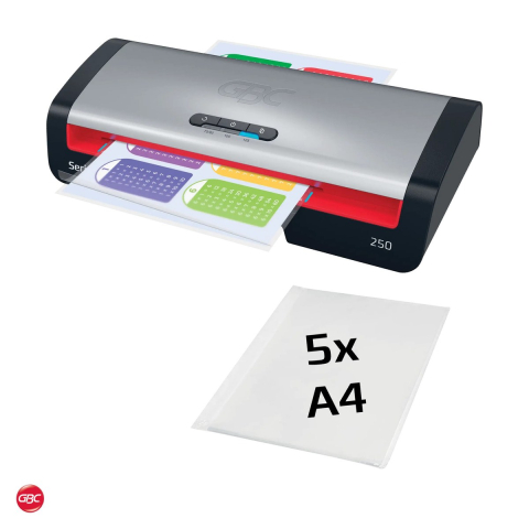 Birotica papetarie - Laminator GBC Home Office 250 A4, folii de 75-125 microni, gata in 1 minut, un document A4 in 36 de secunde, buton anti-blocare, 5 folii A4 incluse, rosu