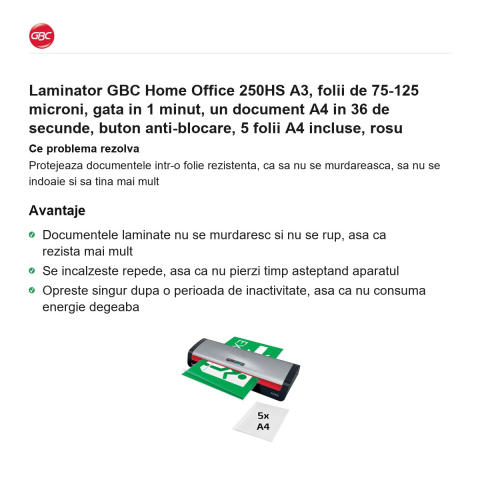 Laminator GBC Home Office 250HS A3, folii de 75-125 microni, gata in 1 minut, un document A4 in 36 de secunde, buton anti-blocare, 5 folii A4 incluse, rosu [1]