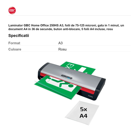 Laminator GBC Home Office 250HS A3, folii de 75-125 microni, gata in 1 minut, un document A4 in 36 de secunde, buton anti-blocare, 5 folii A4 incluse, rosu [2]