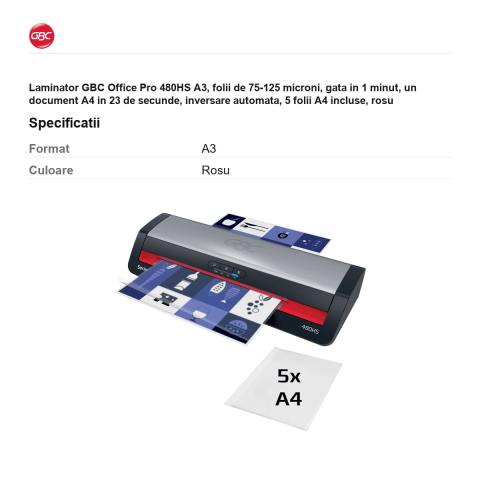 Laminator GBC Office Pro 480HS A3, folii de 75-125 microni, gata in 1 minut, un document A4 in 23 de secunde, inversare automata, 5 folii A4 incluse, rosu [2]