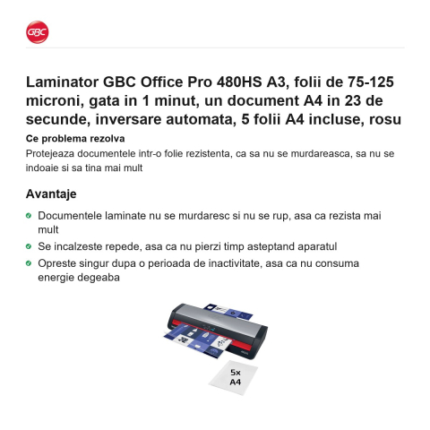 Laminator GBC Office Pro 480HS A3, folii de 75-125 microni, gata in 1 minut, un document A4 in 23 de secunde, inversare automata, 5 folii A4 incluse, rosu [1]