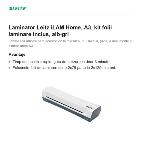 Laminator Leitz iLAM Home, A3, kit folii laminare inclus, alb-gri [1]