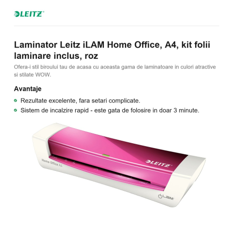 Laminator Leitz iLAM Home Office, A4, kit folii laminare inclus, roz [1]