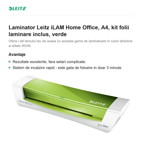 Laminator Leitz iLAM Home Office, A4, kit folii laminare inclus, verde [1]
