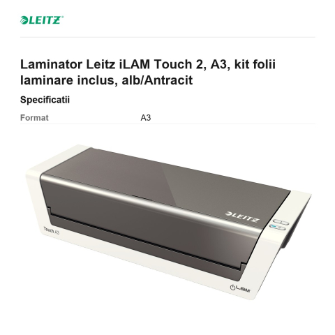 Laminator Leitz iLAM Touch 2, A3, kit folii laminare inclus, alb/Antracit [2]
