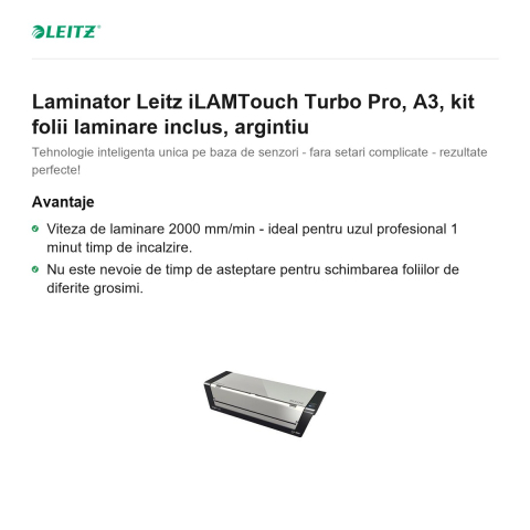 Laminator Leitz iLAMTouch Turbo Pro, A3, kit folii laminare inclus, argintiu [1]