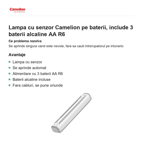 Lampa cu senzor Camelion pe baterii, include 3 baterii alcaline AA R6 [1]