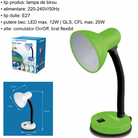 Lampa de birou cu brat flexibil, Esperanza Vega 94377, 31cm inaltime, dulie E27, verde [6]
