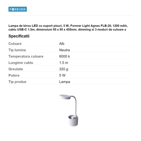 Lampa de birou LED cu suport pixuri, 5 W, Forever Light Agnes FLB-20, 1200 mAh, cablu USB-C 1.5m, dimensiuni 95 x 95 x 455mm, dimming si 3 moduri de culoare a luminii, alba [2]