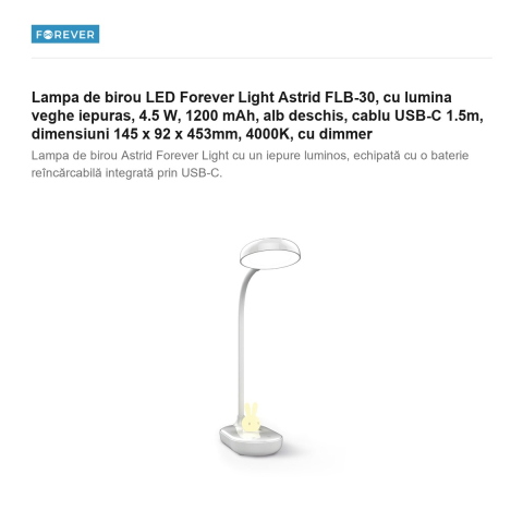 Lampa de birou LED Forever Light Astrid FLB-30, cu lumina veghe iepuras, 4.5 W, 1200 mAh, alb deschis, cablu USB-C 1.5m, dimensiuni 145 x 92 x 453mm, 4000K, cu dimmer [1]