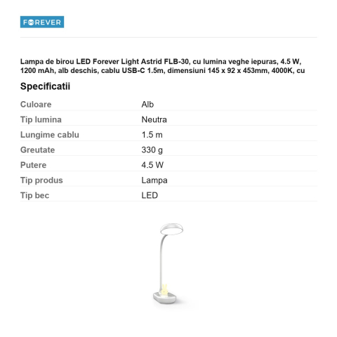 Lampa de birou LED Forever Light Astrid FLB-30, cu lumina veghe iepuras, 4.5 W, 1200 mAh, alb deschis, cablu USB-C 1.5m, dimensiuni 145 x 92 x 453mm, 4000K, cu dimmer [2]