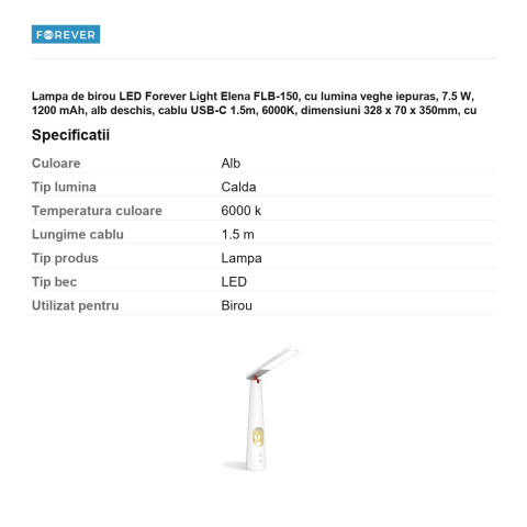 Lampa de birou LED Forever Light Elena FLB-150, cu lumina veghe iepuras, 7.5 W, 1200 mAh, alb deschis, cablu USB-C 1.5m, 6000K, dimensiuni 328 x 70 x 350mm, cu dimmer [2]